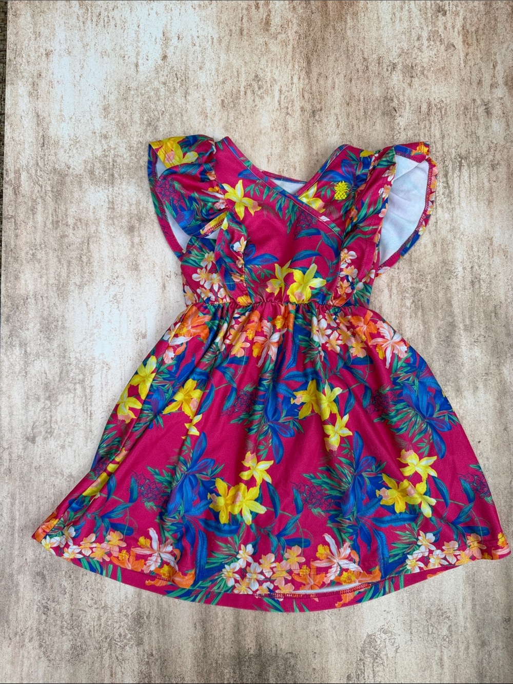 (5for$12) 3T Girls' Floral Flutter Sleeve Dress - Magenta Tropical Pattern